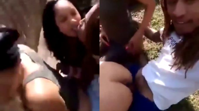 She Kisses Her Boyfriend While Her Friend Rides His Dick Outdoor While He's Seated